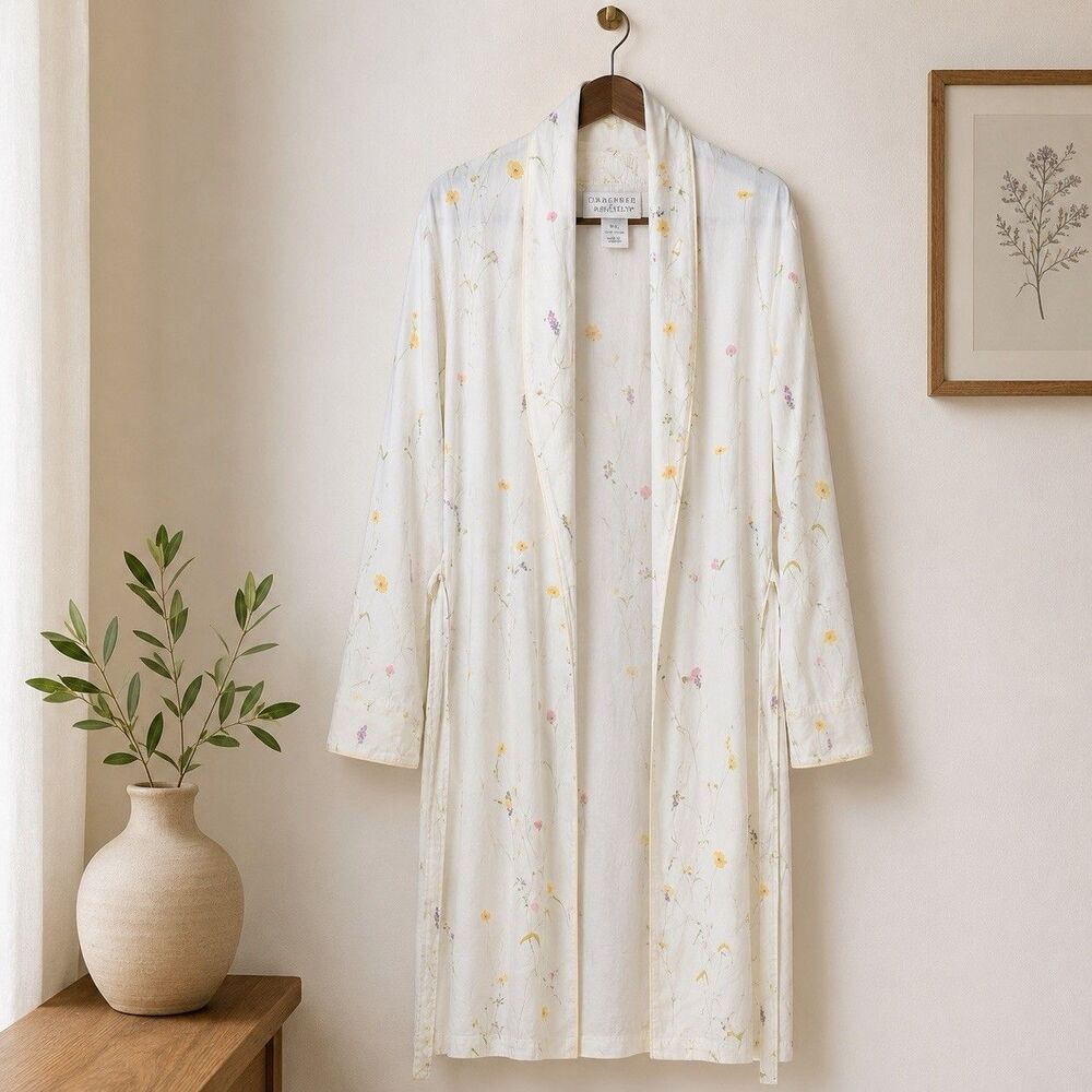 Vintage Crabtree & Evelyn Floral Cotton Robe M/L Wildflower Long Bathrobe Garden